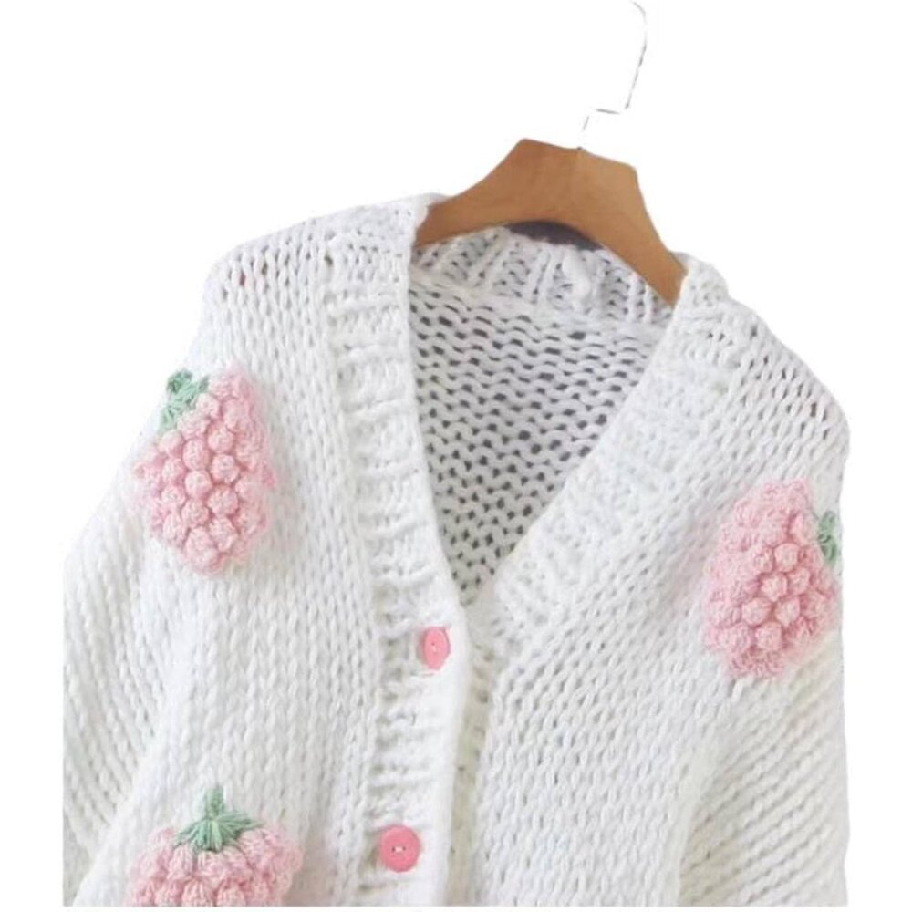 Women's Pink Knit Cardigan 100% Acrylic V Neck Button Embroidered Strawberry - Picture 3 of 6